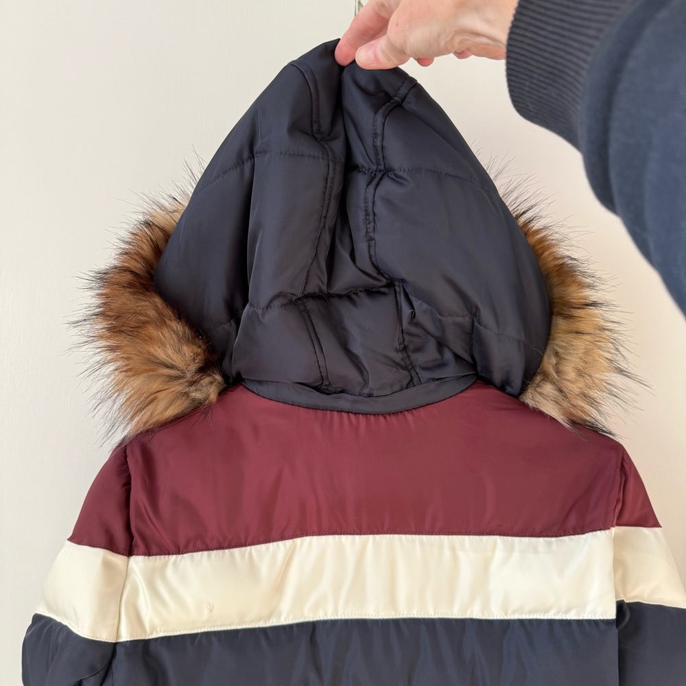 Chevron Colorblock Puffer Jacket with Faux Fur Trim Hood - Picture 9 of 15